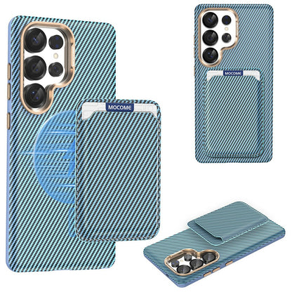 For Samsung Galaxy S25 Ultra Magnetic Case Carbon Fiber Texture Leather Back Phone Cover with Detachable Card Holder