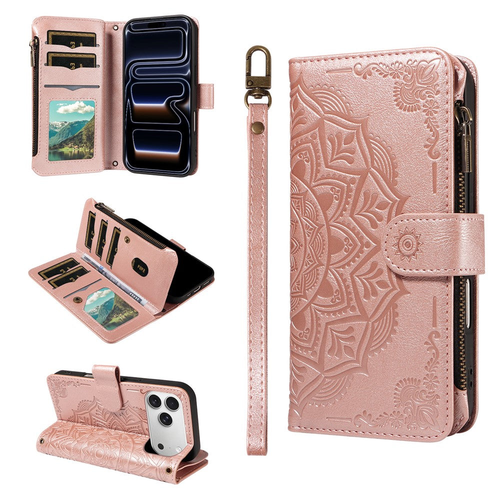 For iPhone 17 Pro Max 9 Card Slots RFID Blocking Wallet Case Mandala Embossed Leather Flip Cover with Wrist Strap