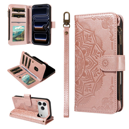 For iPhone 17 Pro Max 9 Card Slots RFID Blocking Wallet Case Mandala Embossed Leather Flip Cover with Wrist Strap