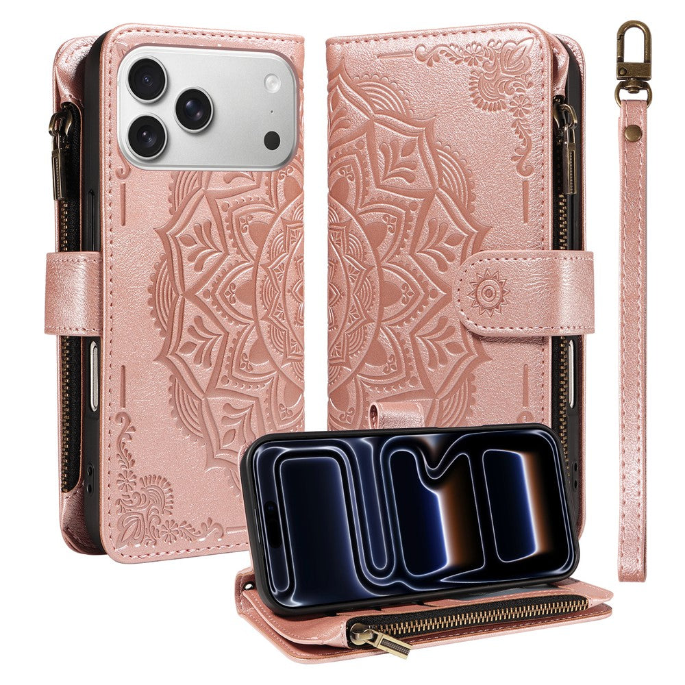 For iPhone 17 Pro Max 9 Card Slots RFID Blocking Wallet Case Mandala Embossed Leather Flip Cover with Wrist Strap