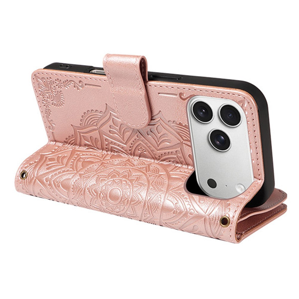 For iPhone 17 Pro Max 9 Card Slots RFID Blocking Wallet Case Mandala Embossed Leather Flip Cover with Wrist Strap