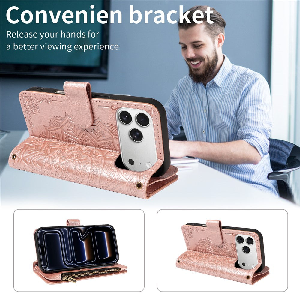 For iPhone 17 Pro Max 9 Card Slots RFID Blocking Wallet Case Mandala Embossed Leather Flip Cover with Wrist Strap