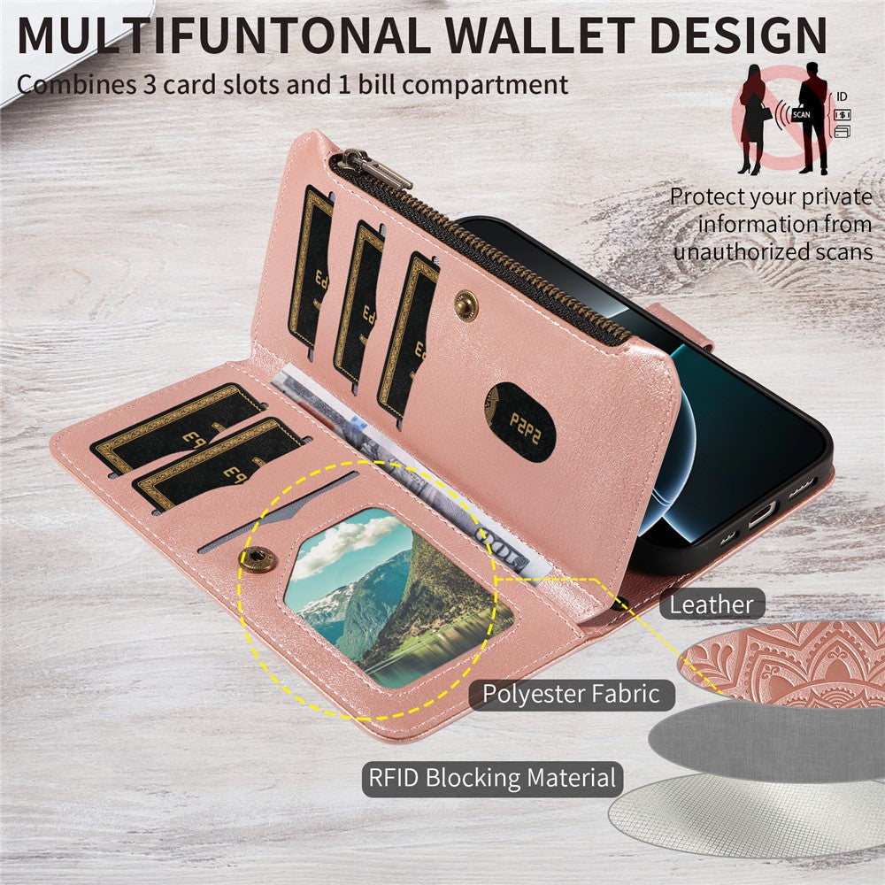 For iPhone 17 Pro Max 9 Card Slots RFID Blocking Wallet Case Mandala Embossed Leather Flip Cover with Wrist Strap