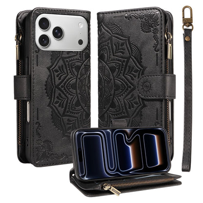 For iPhone 17 Pro Max 9 Card Slots RFID Blocking Wallet Case Mandala Embossed Leather Flip Cover with Wrist Strap