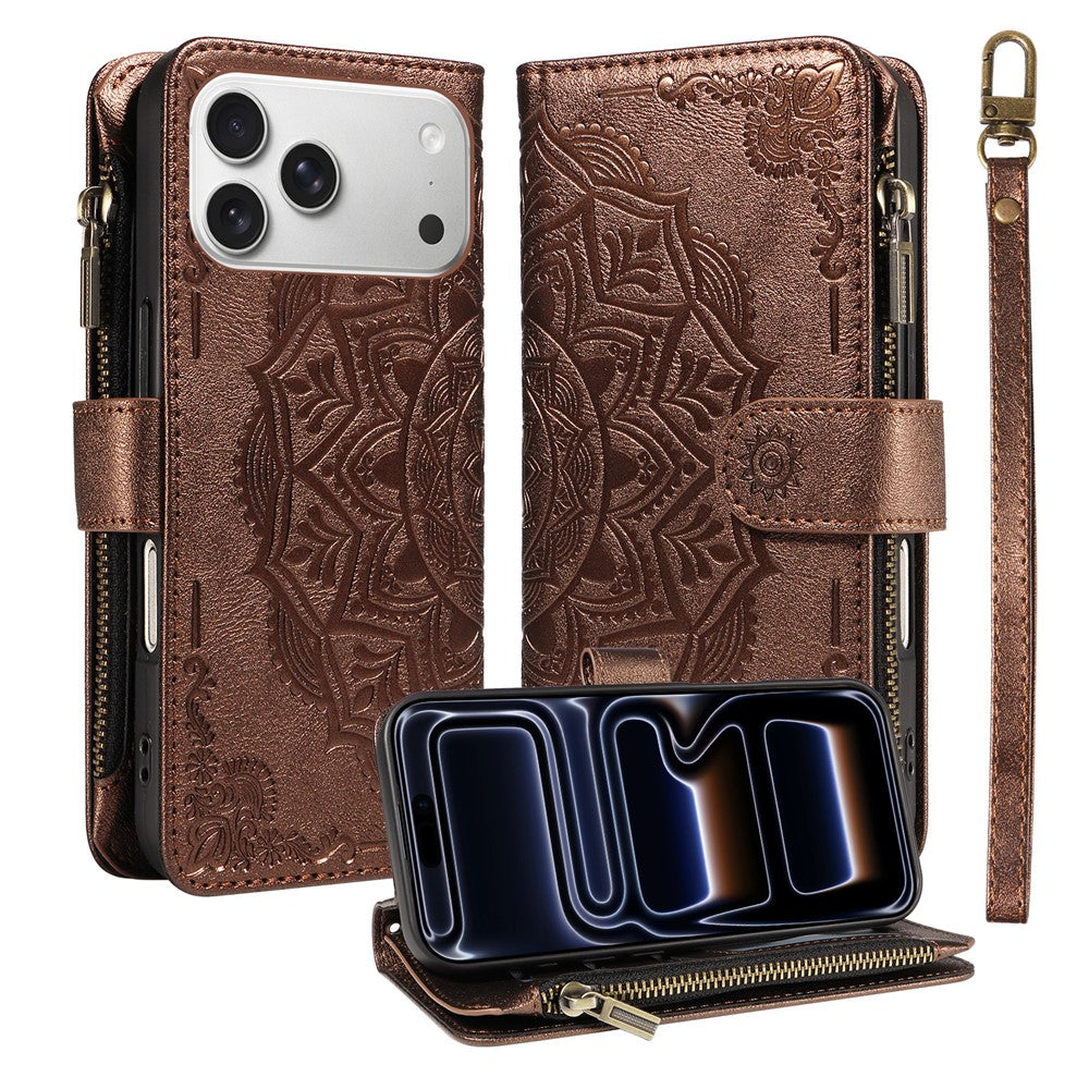 For iPhone 17 Pro Max 9 Card Slots RFID Blocking Wallet Case Mandala Embossed Leather Flip Cover with Wrist Strap