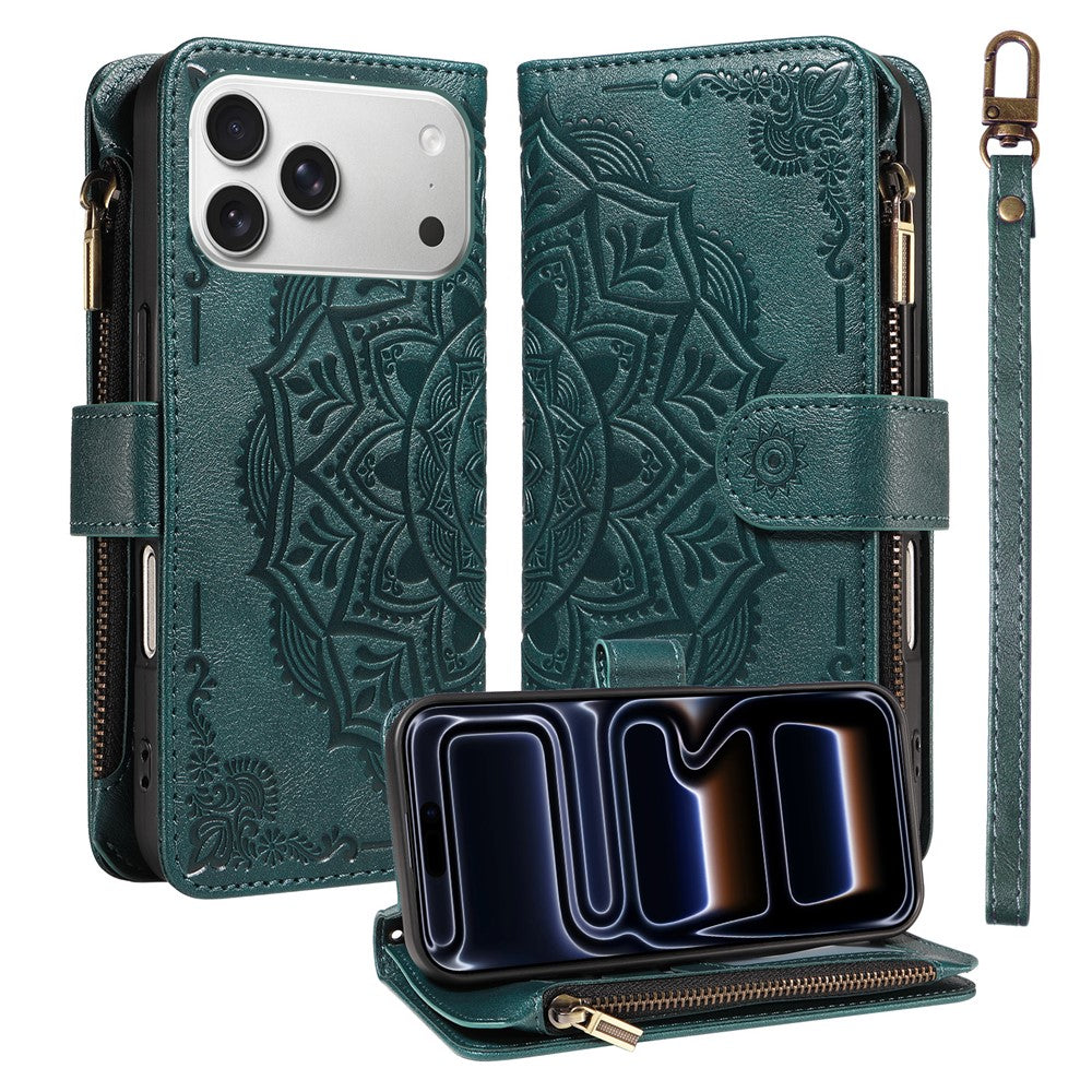 For iPhone 17 Pro Max 9 Card Slots RFID Blocking Wallet Case Mandala Embossed Leather Flip Cover with Wrist Strap