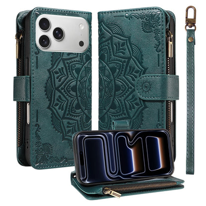 For iPhone 17 Pro Max 9 Card Slots RFID Blocking Wallet Case Mandala Embossed Leather Flip Cover with Wrist Strap