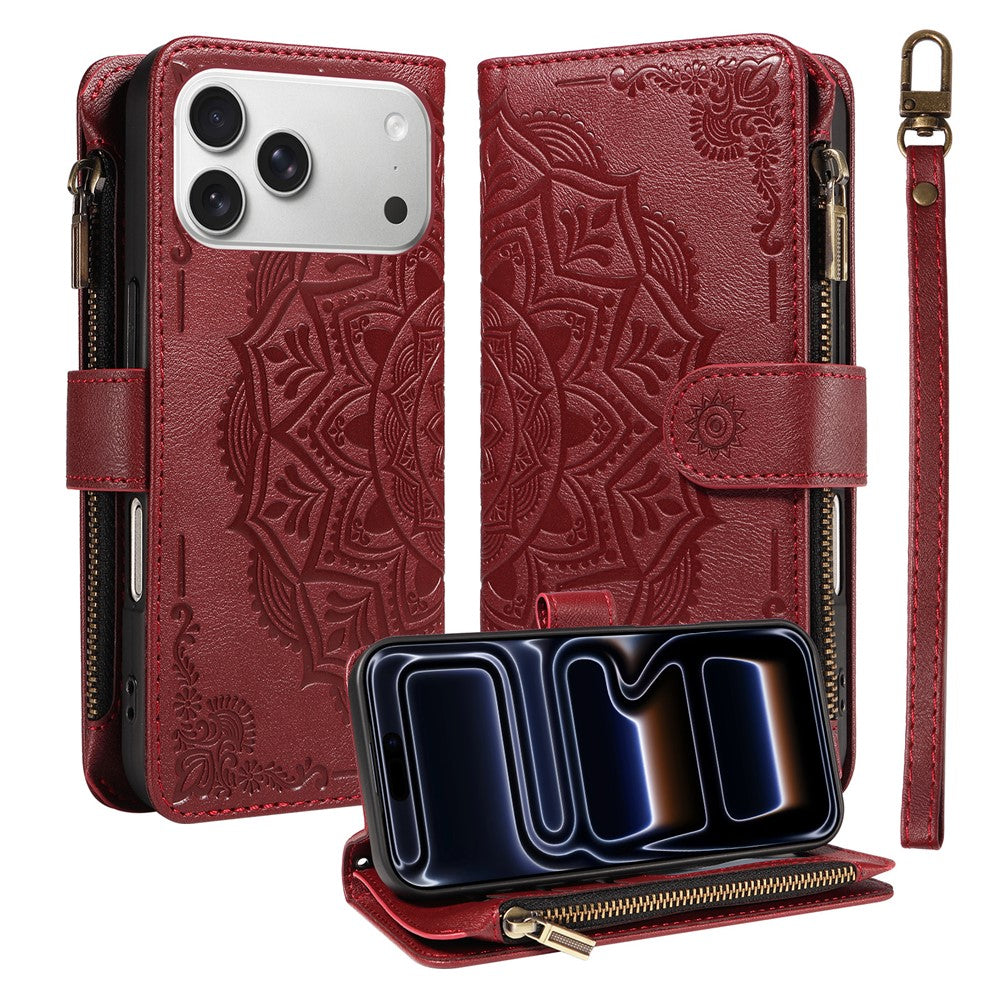 For iPhone 17 Pro Max 9 Card Slots RFID Blocking Wallet Case Mandala Embossed Leather Flip Cover with Wrist Strap