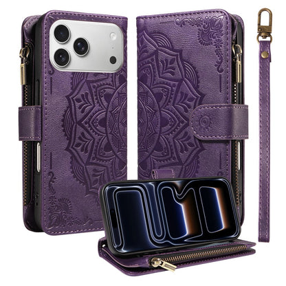 For iPhone 17 Pro Max 9 Card Slots RFID Blocking Wallet Case Mandala Embossed Leather Flip Cover with Wrist Strap