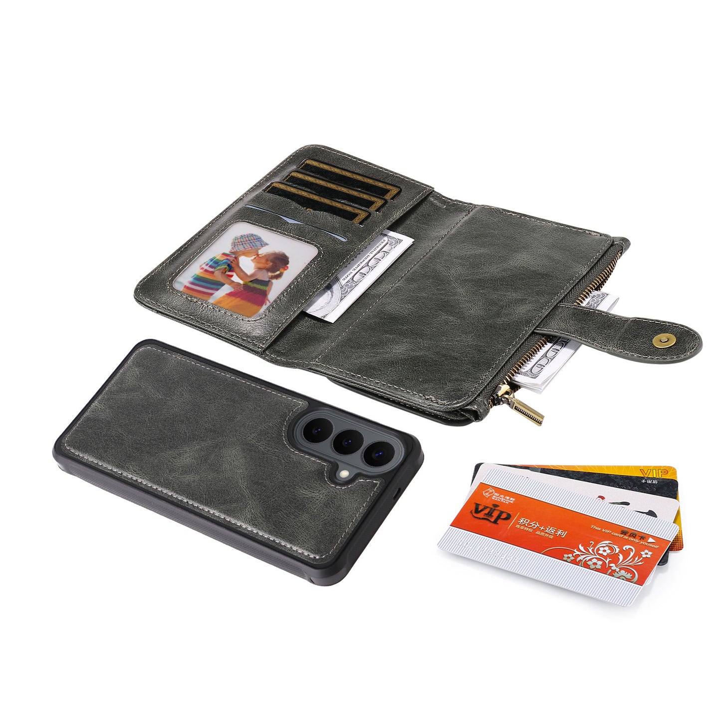 For Samsung Galaxy S26+ Phone Case PU Leather Zipper Wallet Detachable Cover