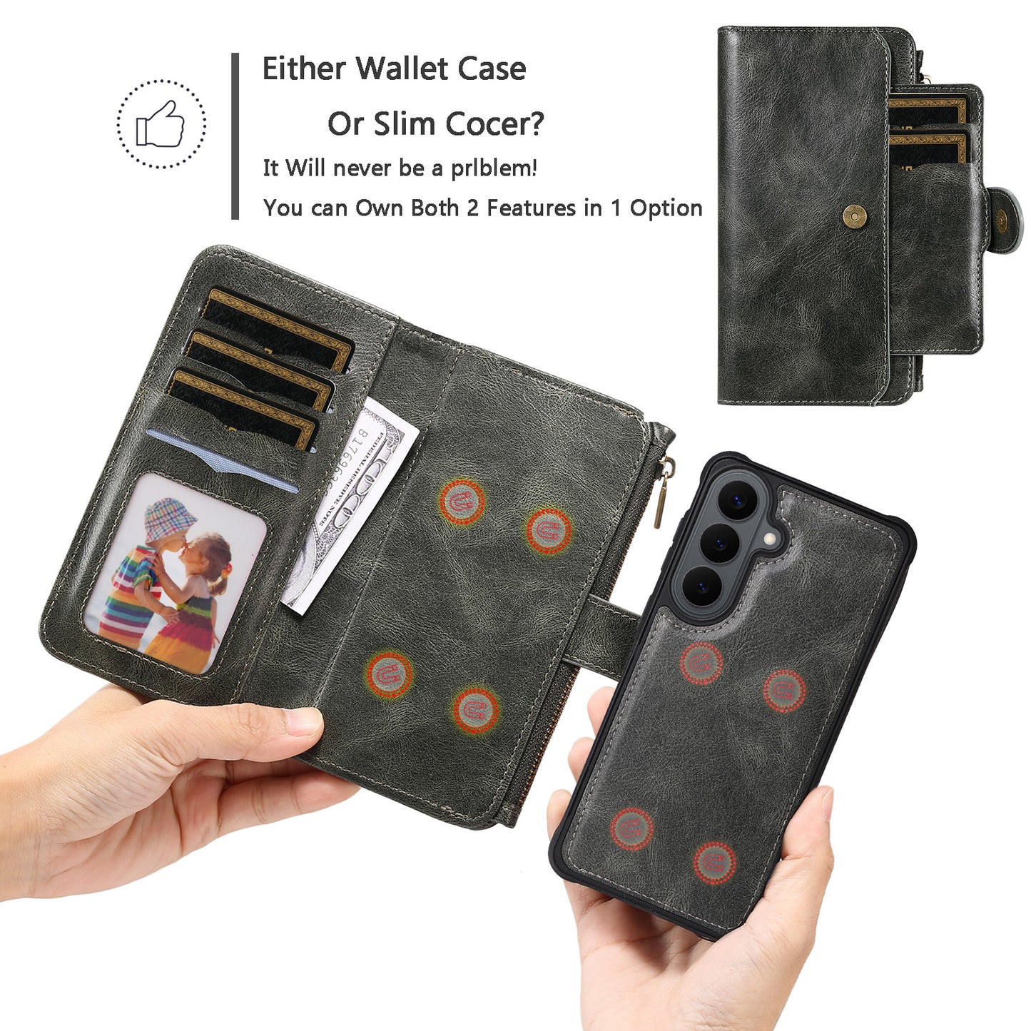 For Samsung Galaxy S26+ Phone Case PU Leather Zipper Wallet Detachable Cover