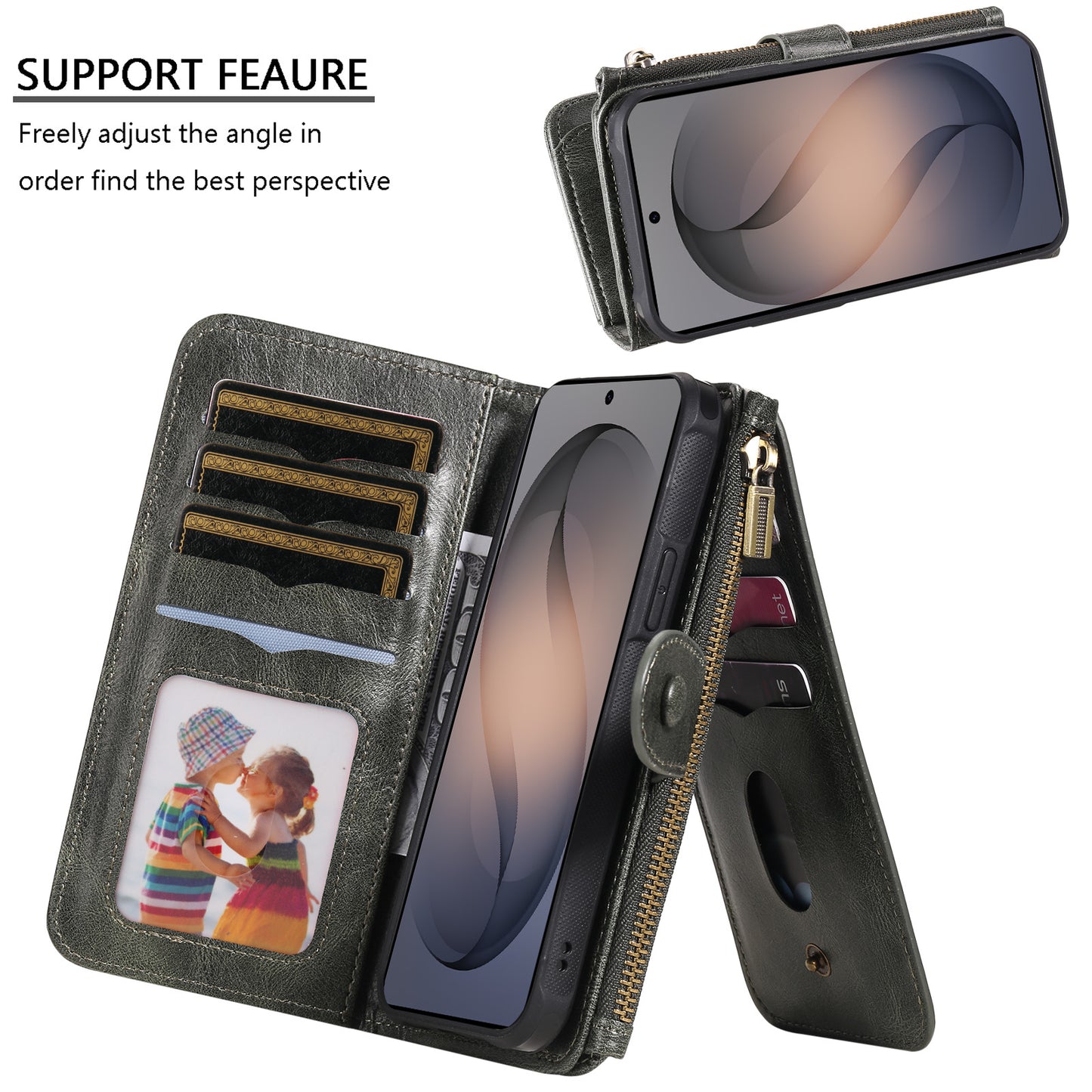 For Samsung Galaxy S26+ Phone Case PU Leather Zipper Wallet Detachable Cover