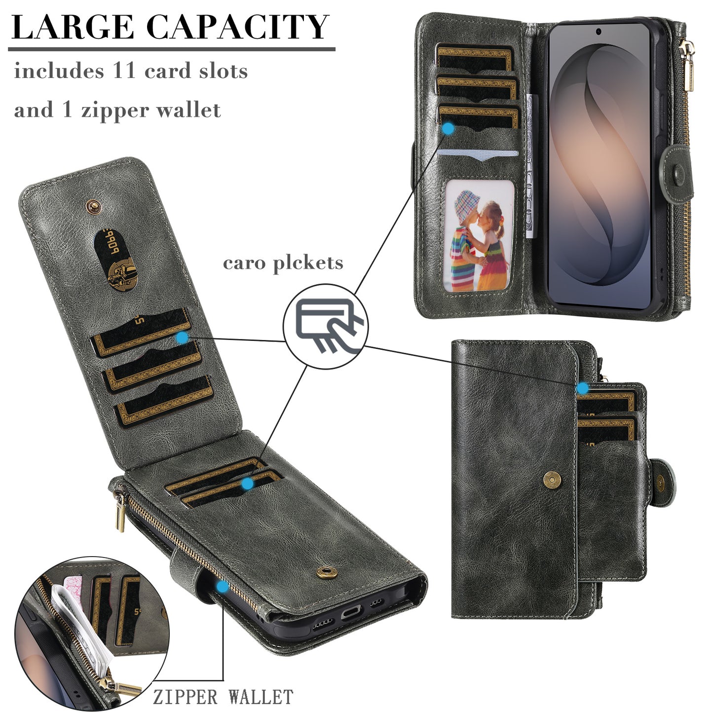 For Samsung Galaxy S26+ Phone Case PU Leather Zipper Wallet Detachable Cover