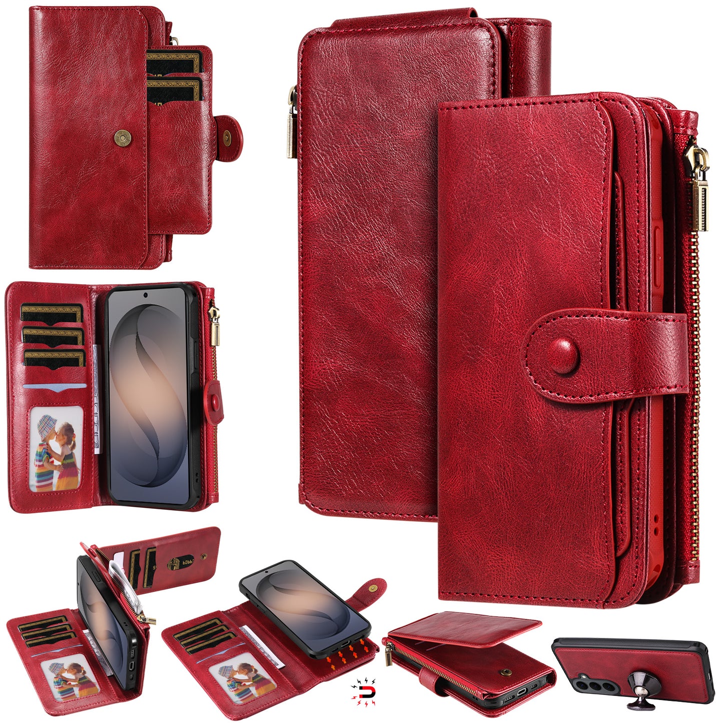 For Samsung Galaxy S26+ Phone Case PU Leather Zipper Wallet Detachable Cover