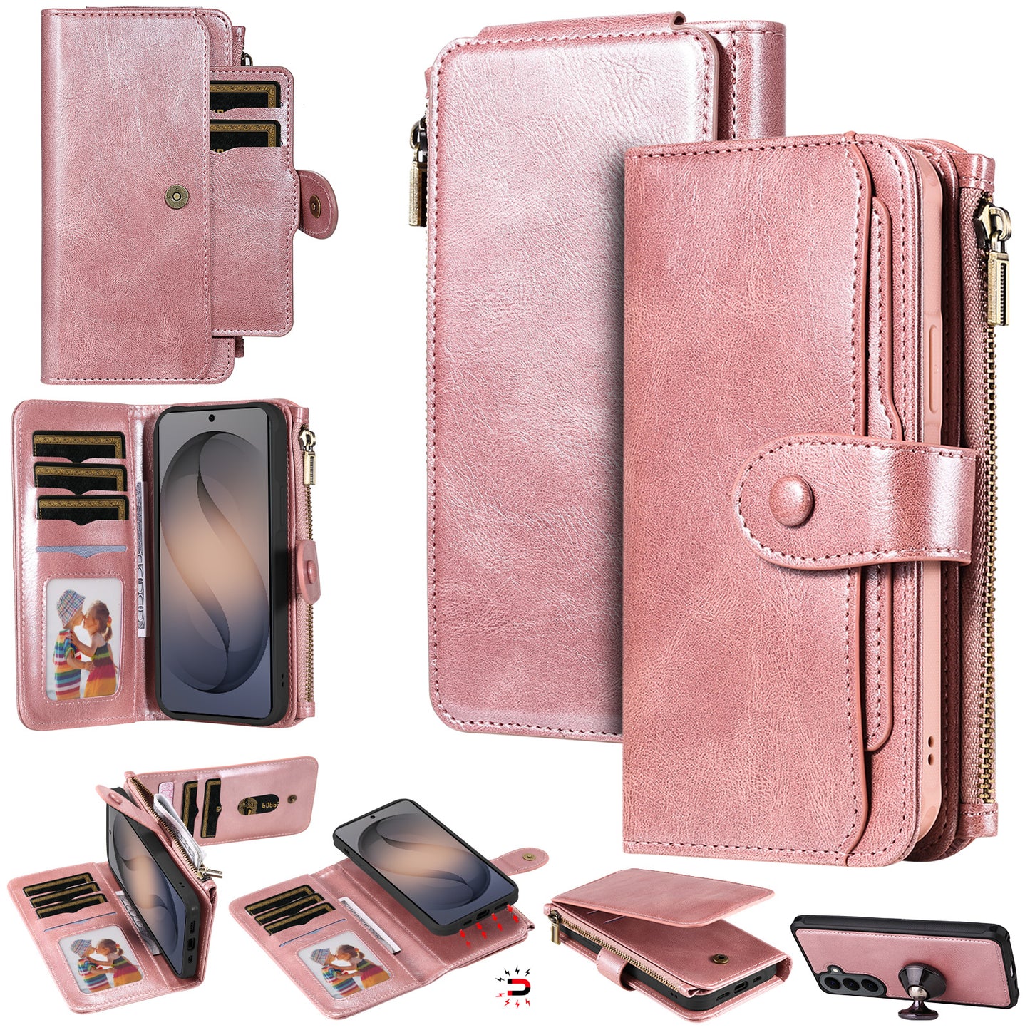 For Samsung Galaxy S26+ Phone Case PU Leather Zipper Wallet Detachable Cover