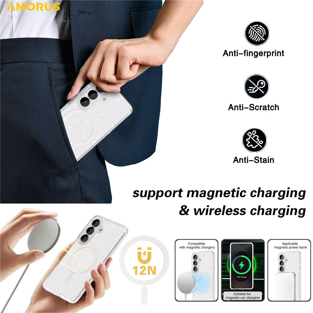 AMORUS For Samsung Galaxy S26+ Magnetic Case Glitter Powder PC + TPU Phone Cover