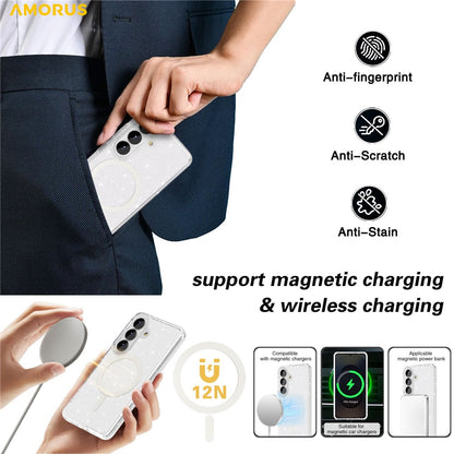 AMORUS For Samsung Galaxy S26+ Magnetic Case Glitter Powder PC + TPU Phone Cover