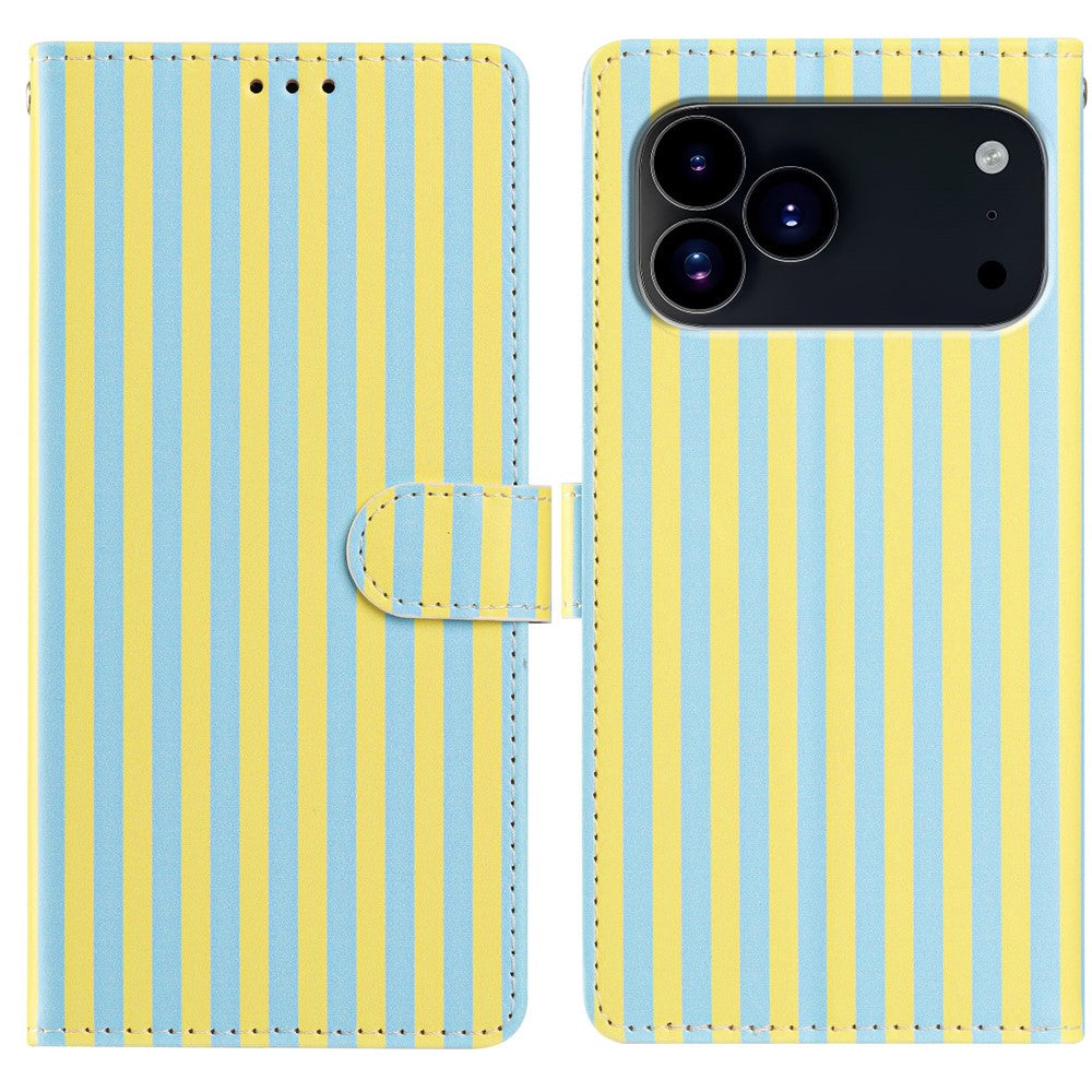 For iPhone 17 Pro Max Wallet Case Vintage Stripes Leather Stand Flip Phone Cover with Wrist Strap
