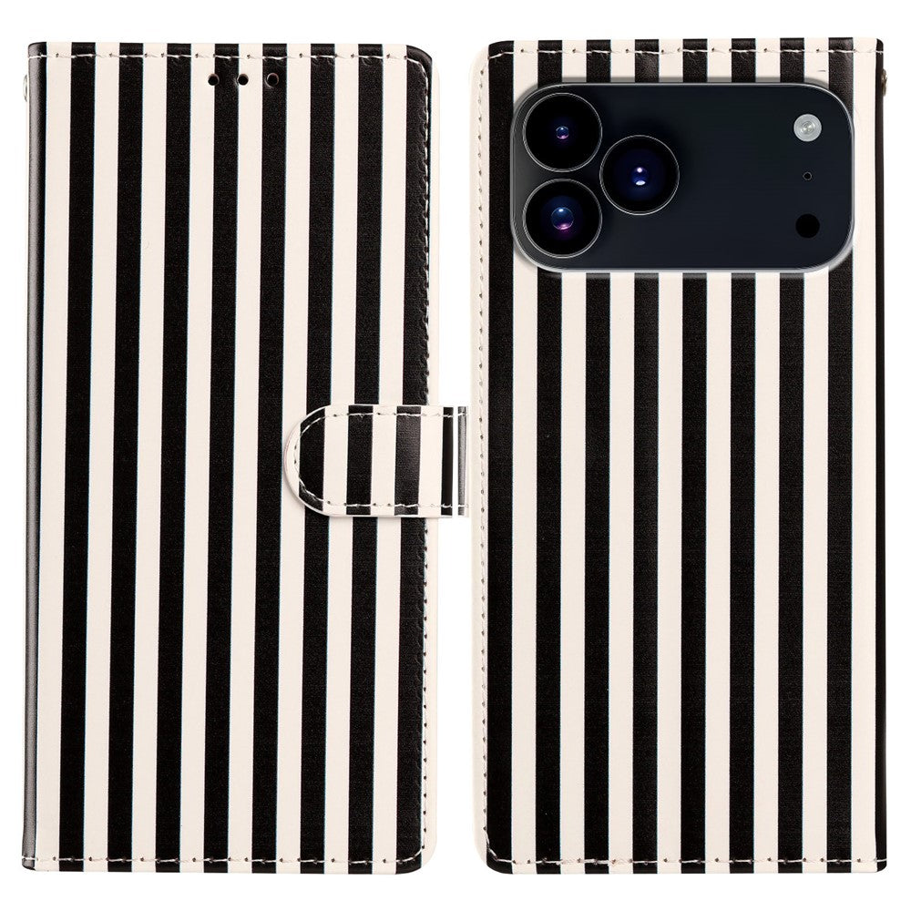 For iPhone 17 Pro Max Wallet Case Vintage Stripes Leather Stand Flip Phone Cover with Wrist Strap