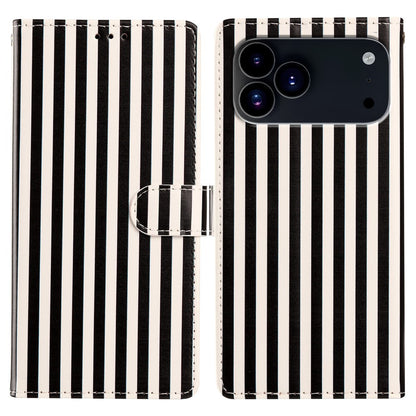 For iPhone 17 Pro Max Wallet Case Vintage Stripes Leather Stand Flip Phone Cover with Wrist Strap