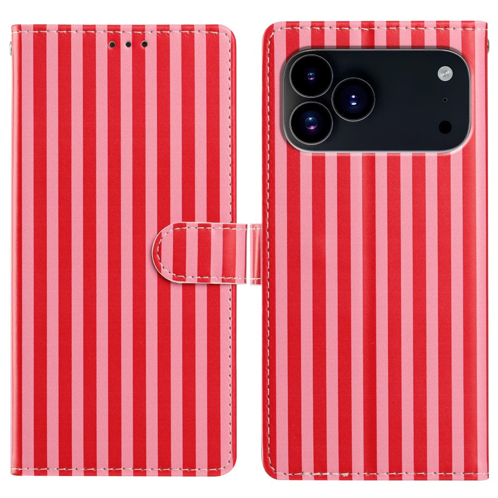 For iPhone 17 Pro Max Wallet Case Vintage Stripes Leather Stand Flip Phone Cover with Wrist Strap