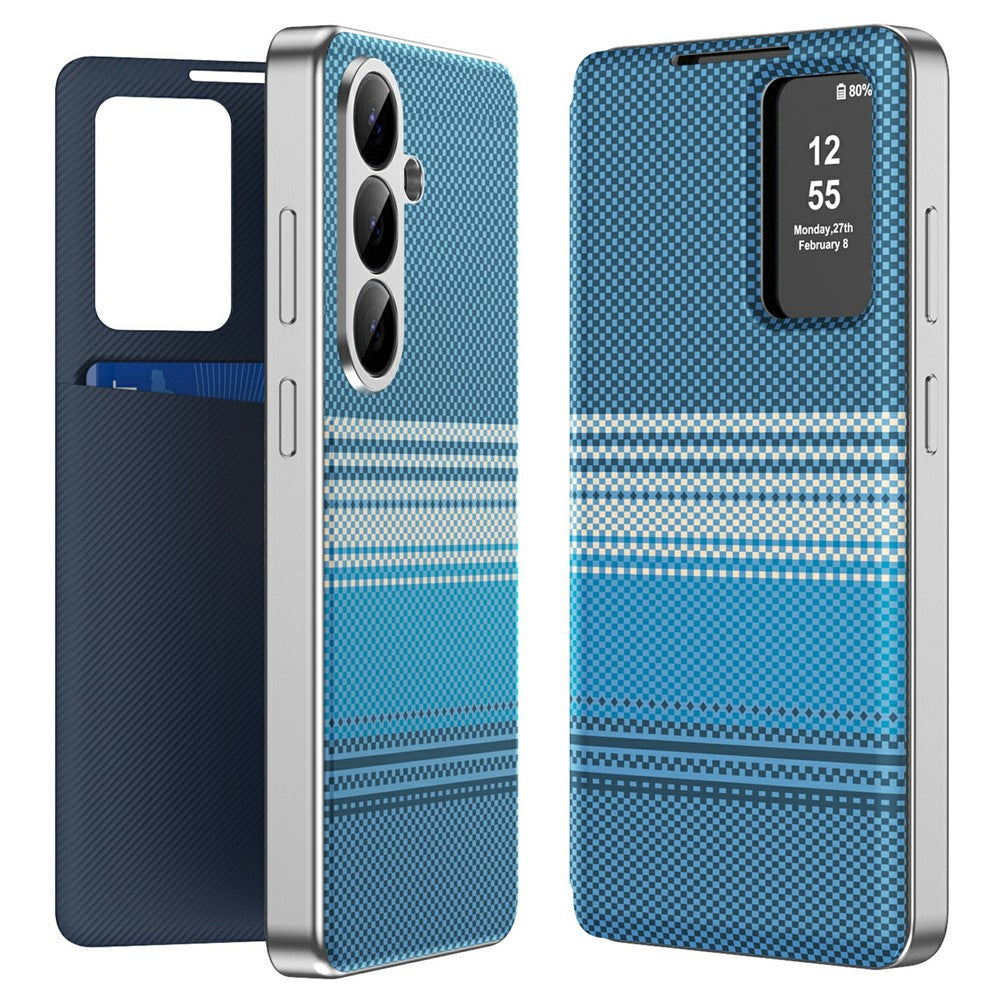 For Samsung Galaxy S26+ Case Card Slot View Window Gradient Color Checkered Pattern Leather Phone Cover