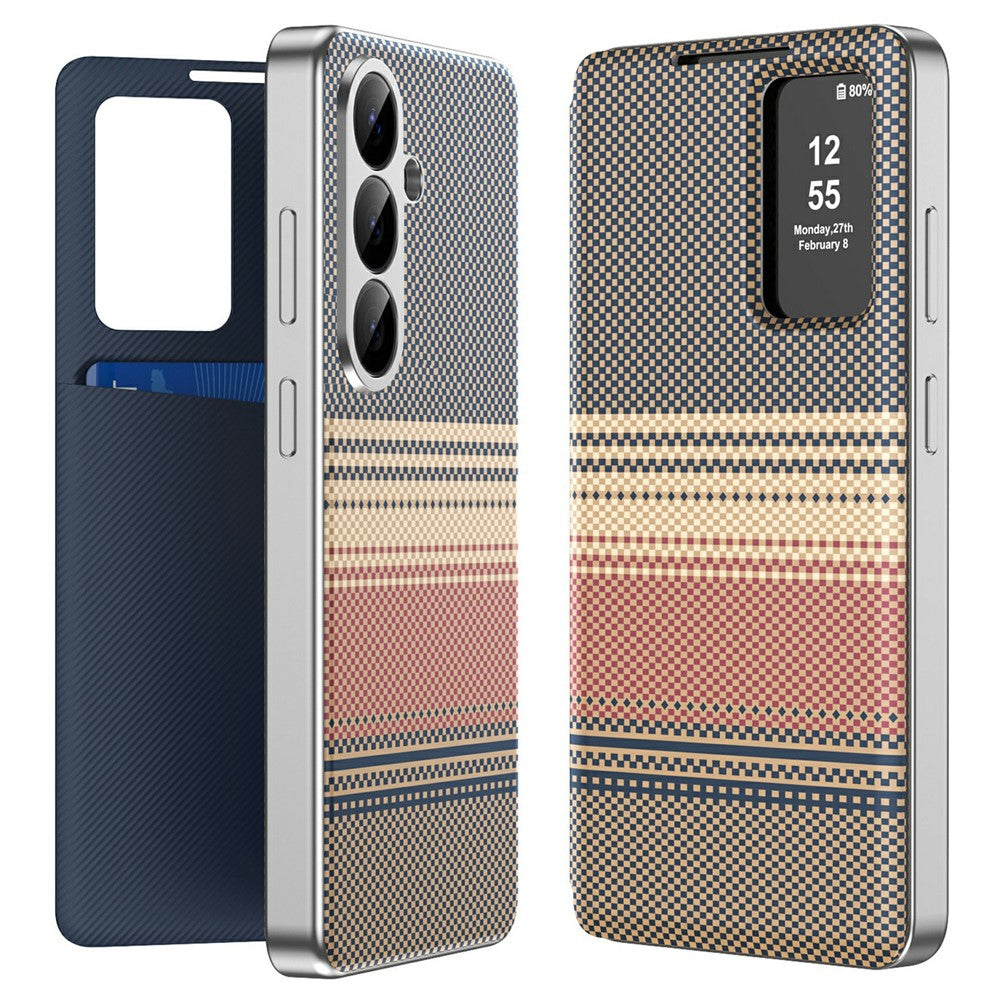For Samsung Galaxy S26+ Case Card Slot View Window Gradient Color Checkered Pattern Leather Phone Cover