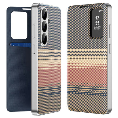 For Samsung Galaxy S26+ Case Card Slot View Window Gradient Color Checkered Pattern Leather Phone Cover