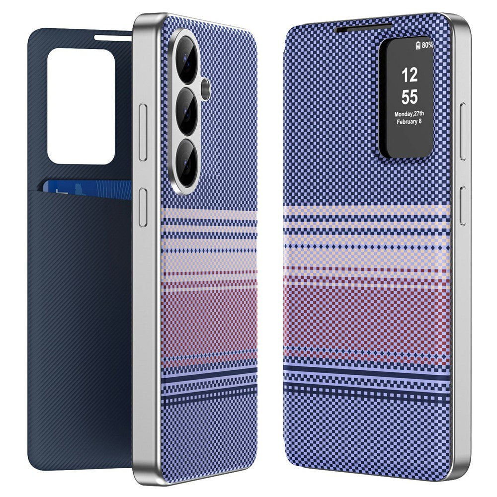 For Samsung Galaxy S26+ Case Card Slot View Window Gradient Color Checkered Pattern Leather Phone Cover
