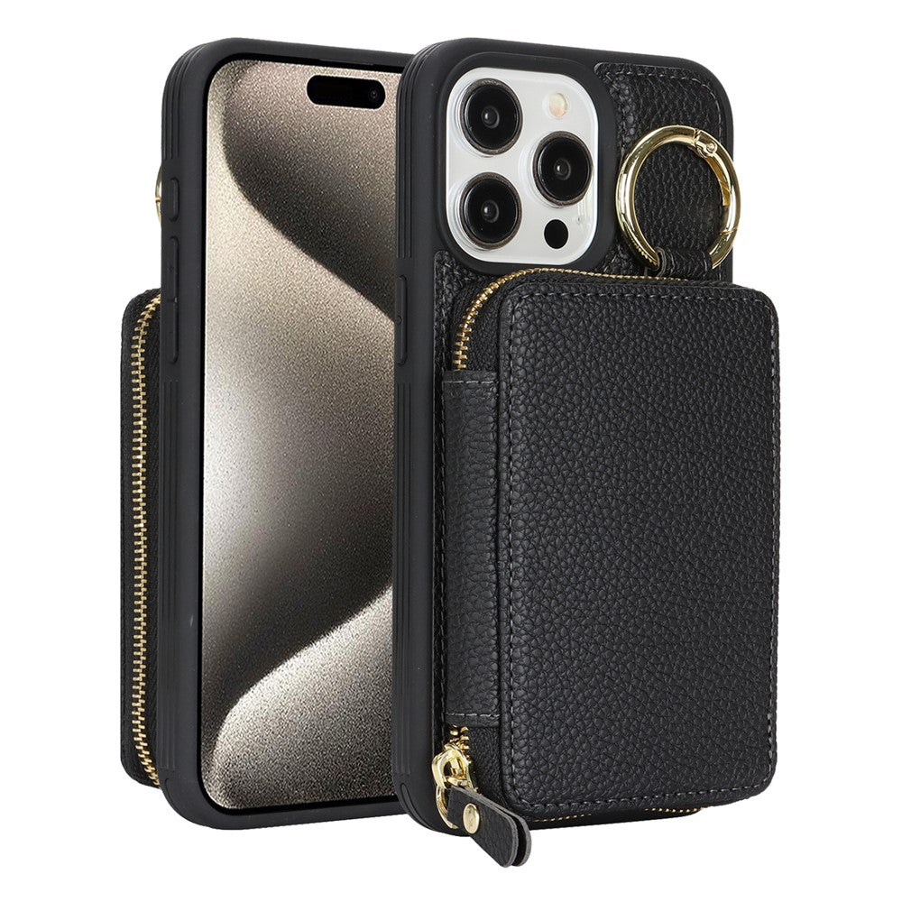 For iPhone 15 Pro Max Zipper Wallet Case Litchi Texture Leather Back Phone Cover with Metal Ring Holder