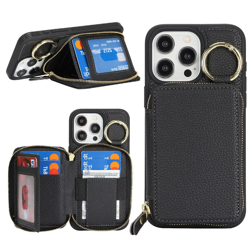 For iPhone 15 Pro Max Zipper Wallet Case Litchi Texture Leather Back Phone Cover with Metal Ring Holder