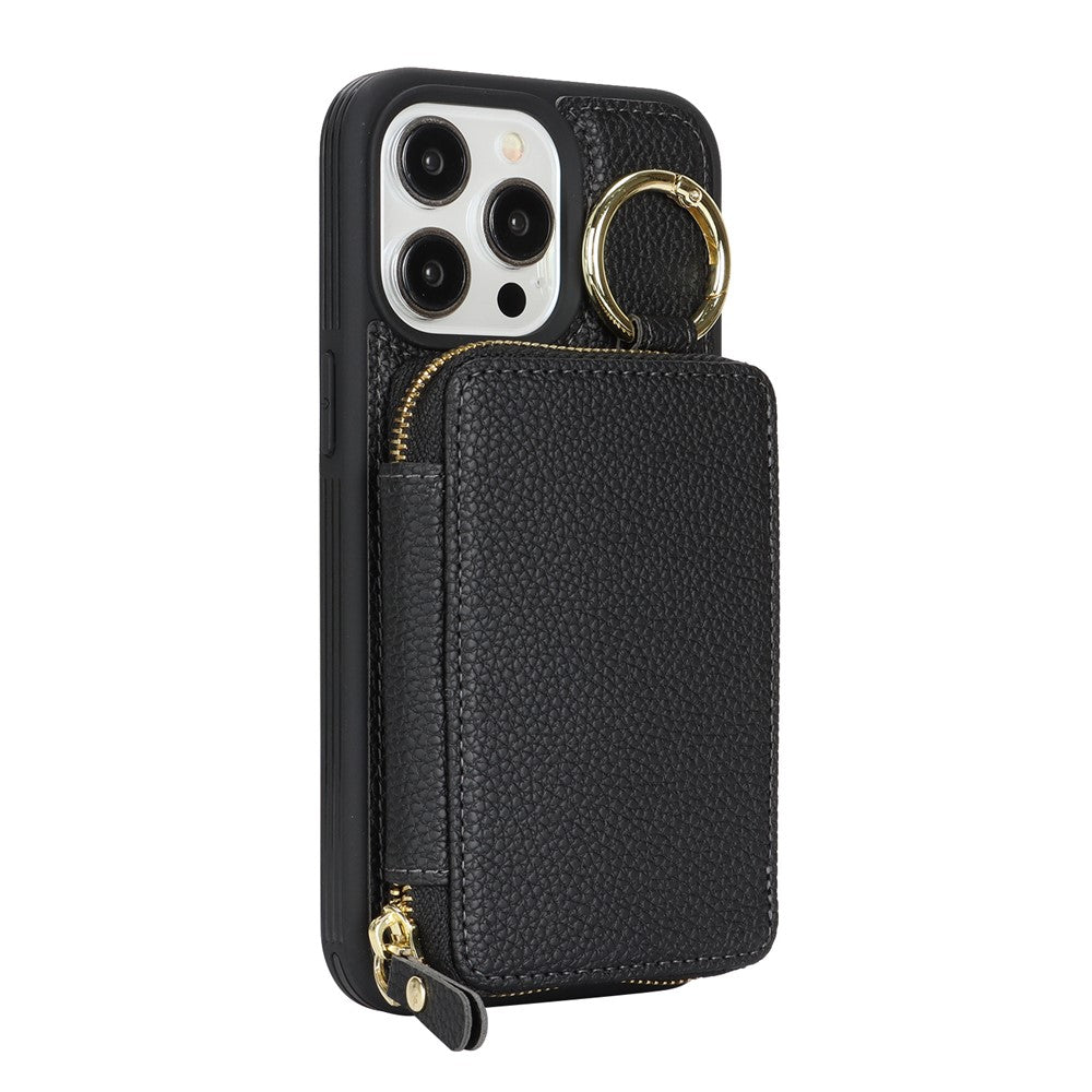 For iPhone 15 Pro Max Zipper Wallet Case Litchi Texture Leather Back Phone Cover with Metal Ring Holder