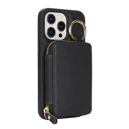 For iPhone 15 Pro Max Zipper Wallet Case Litchi Texture Leather Back Phone Cover with Metal Ring Holder