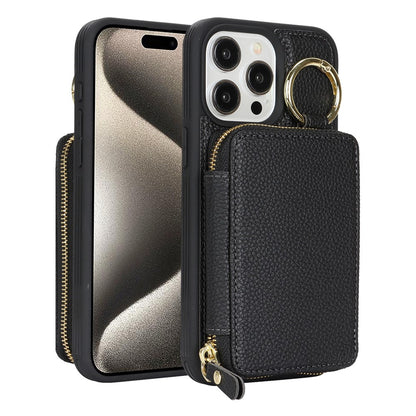For iPhone 15 Pro Max Zipper Wallet Case Litchi Texture Leather Back Phone Cover with Metal Ring Holder