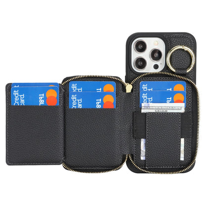 For iPhone 15 Pro Max Zipper Wallet Case Litchi Texture Leather Back Phone Cover with Metal Ring Holder