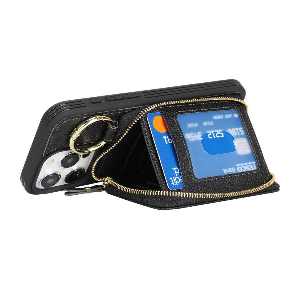 For iPhone 15 Pro Max Zipper Wallet Case Litchi Texture Leather Back Phone Cover with Metal Ring Holder