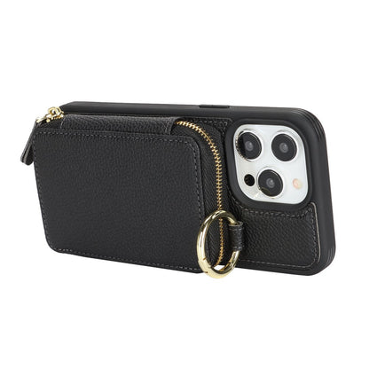 For iPhone 15 Pro Max Zipper Wallet Case Litchi Texture Leather Back Phone Cover with Metal Ring Holder