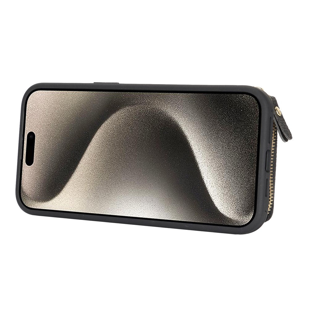 For iPhone 15 Pro Max Zipper Wallet Case Litchi Texture Leather Back Phone Cover with Metal Ring Holder
