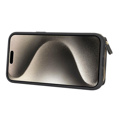 For iPhone 15 Pro Max Zipper Wallet Case Litchi Texture Leather Back Phone Cover with Metal Ring Holder