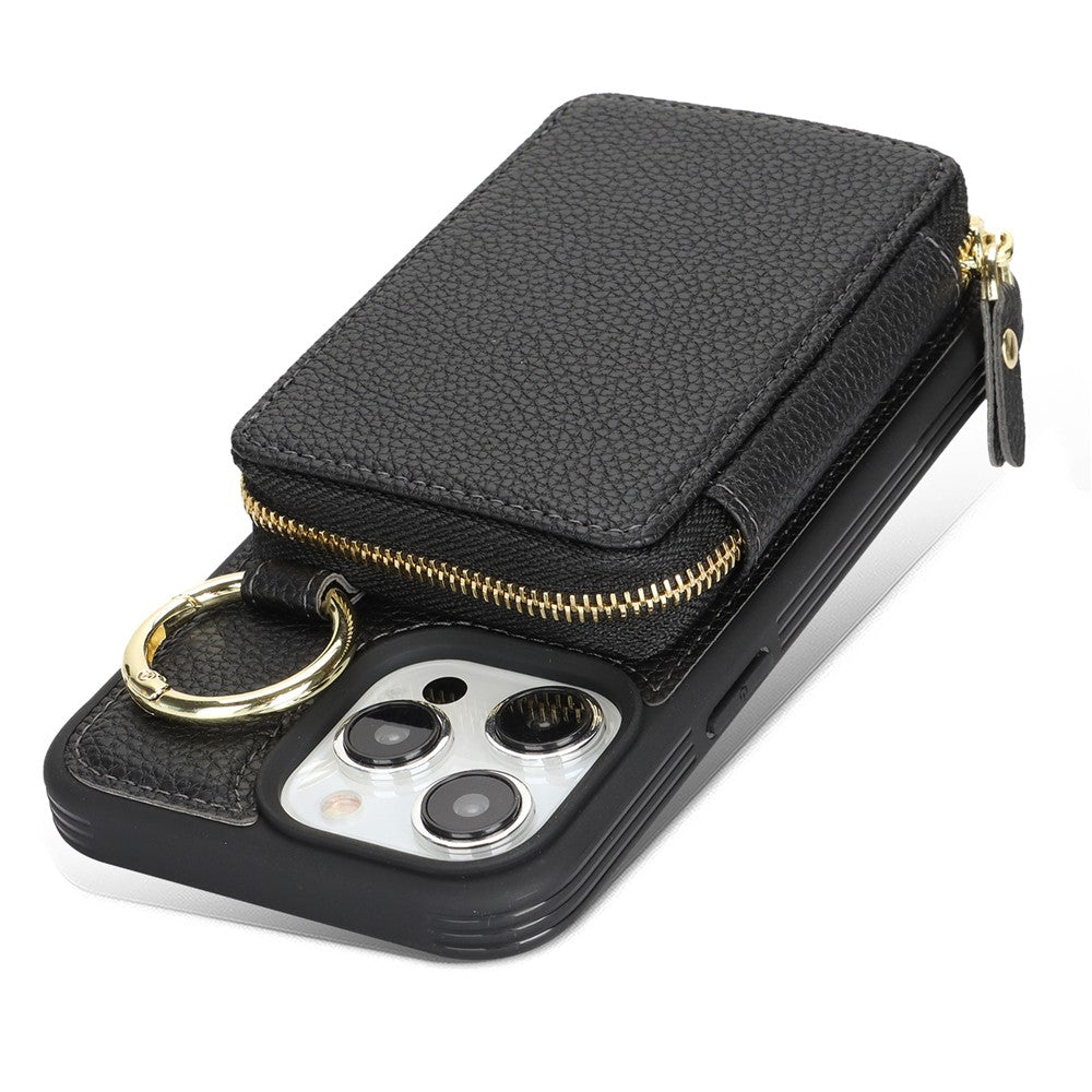 For iPhone 15 Pro Max Zipper Wallet Case Litchi Texture Leather Back Phone Cover with Metal Ring Holder
