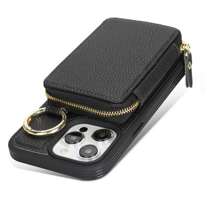 For iPhone 15 Pro Max Zipper Wallet Case Litchi Texture Leather Back Phone Cover with Metal Ring Holder
