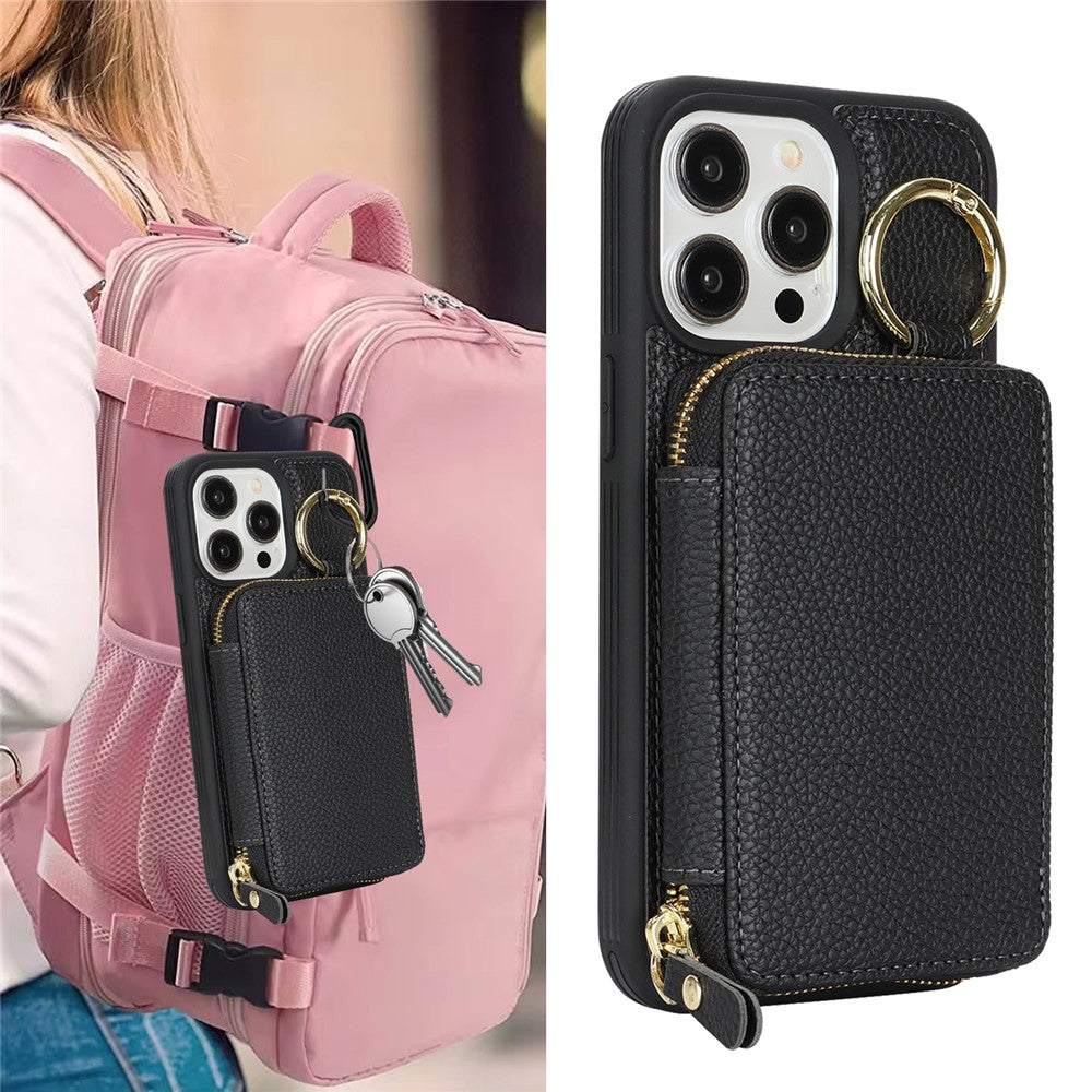 For iPhone 15 Pro Max Zipper Wallet Case Litchi Texture Leather Back Phone Cover with Metal Ring Holder