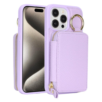 For iPhone 15 Pro Max Zipper Wallet Case Litchi Texture Leather Back Phone Cover with Metal Ring Holder