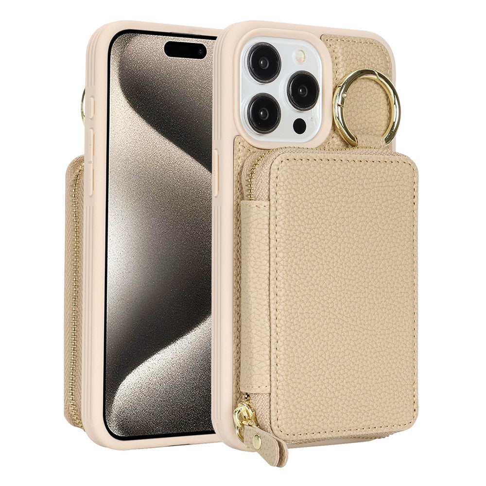 For iPhone 15 Pro Max Zipper Wallet Case Litchi Texture Leather Back Phone Cover with Metal Ring Holder