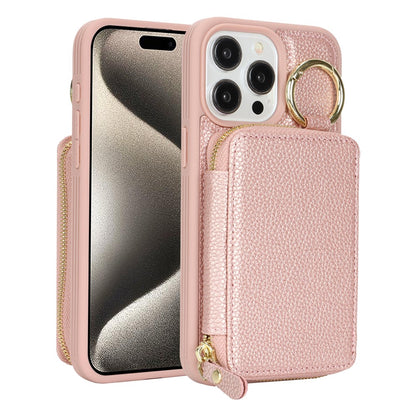 For iPhone 15 Pro Max Zipper Wallet Case Litchi Texture Leather Back Phone Cover with Metal Ring Holder