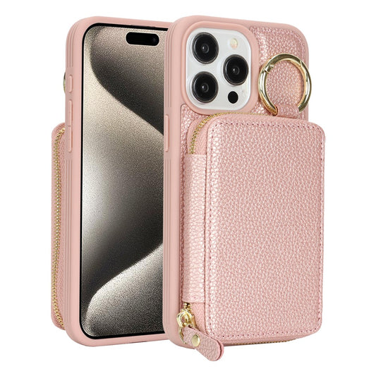 For iPhone 15 Pro Max Zipper Wallet Case Litchi Texture Leather Back Phone Cover with Metal Ring Holder