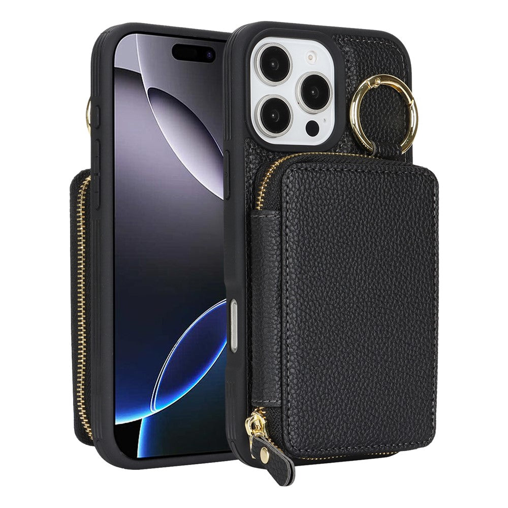 For iPhone 16 Pro Max Zipper Wallet Case Litchi Texture Leather Back Phone Cover with Metal Ring Holder