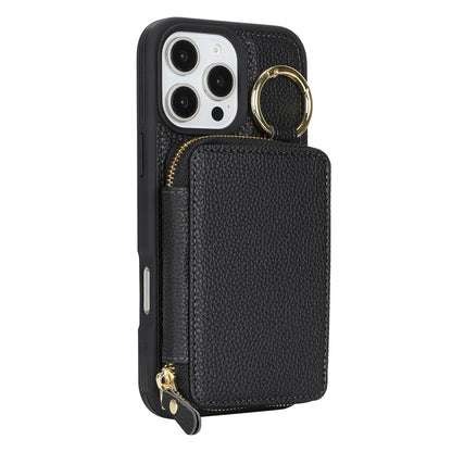 For iPhone 16 Pro Max Zipper Wallet Case Litchi Texture Leather Back Phone Cover with Metal Ring Holder