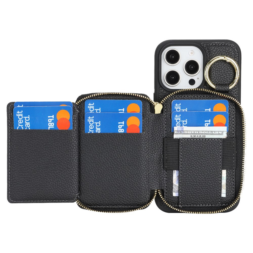 For iPhone 16 Pro Max Zipper Wallet Case Litchi Texture Leather Back Phone Cover with Metal Ring Holder
