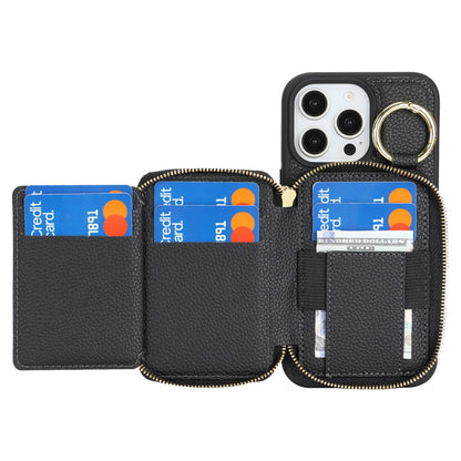 For iPhone 16 Pro Max Zipper Wallet Case Litchi Texture Leather Back Phone Cover with Metal Ring Holder